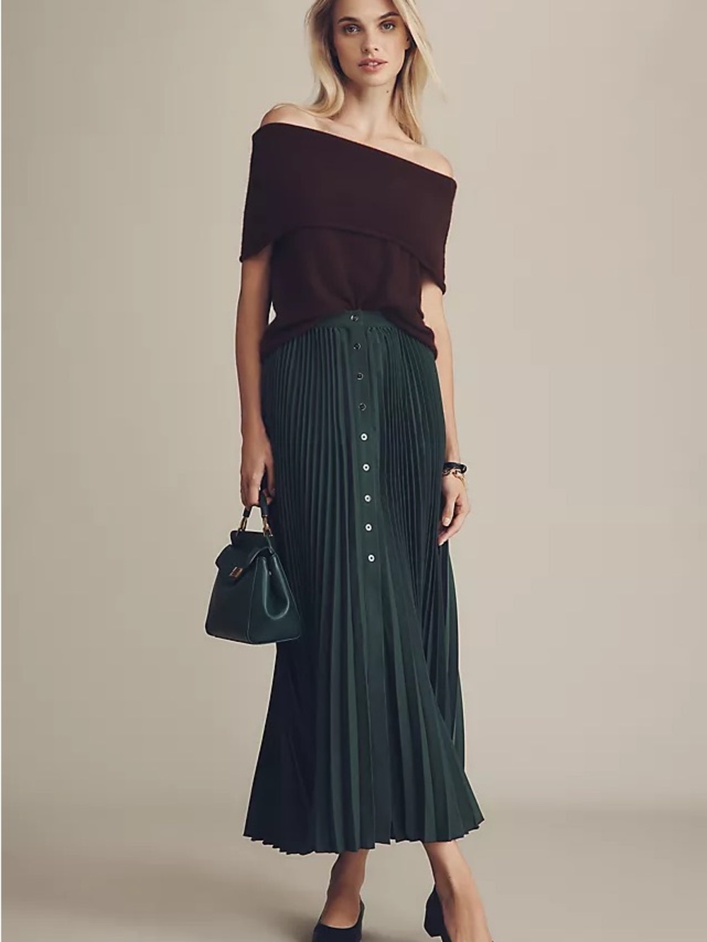 Maeve By Anthropologie Pleated Button Front Maxi Skirt in Shaded Moss (NWT)
